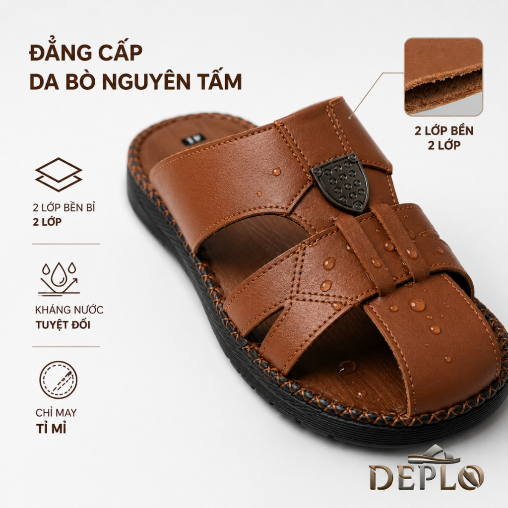Dép Rọ Nam Da Bò Nguyên Tấm 2 Lớp Chống Nước, Đai Chỉ May Thủ Công Tinh Tế - Bảo Hành 12 Tháng