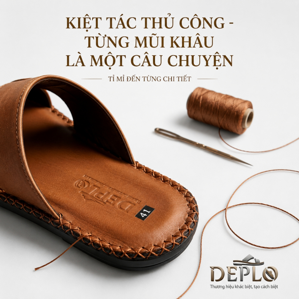 Dép Rọ Nam Da Bò Nguyên Tấm 2 Lớp Chống Nước, Đai Chỉ May Thủ Công Tinh Tế - Bảo Hành 12 Tháng