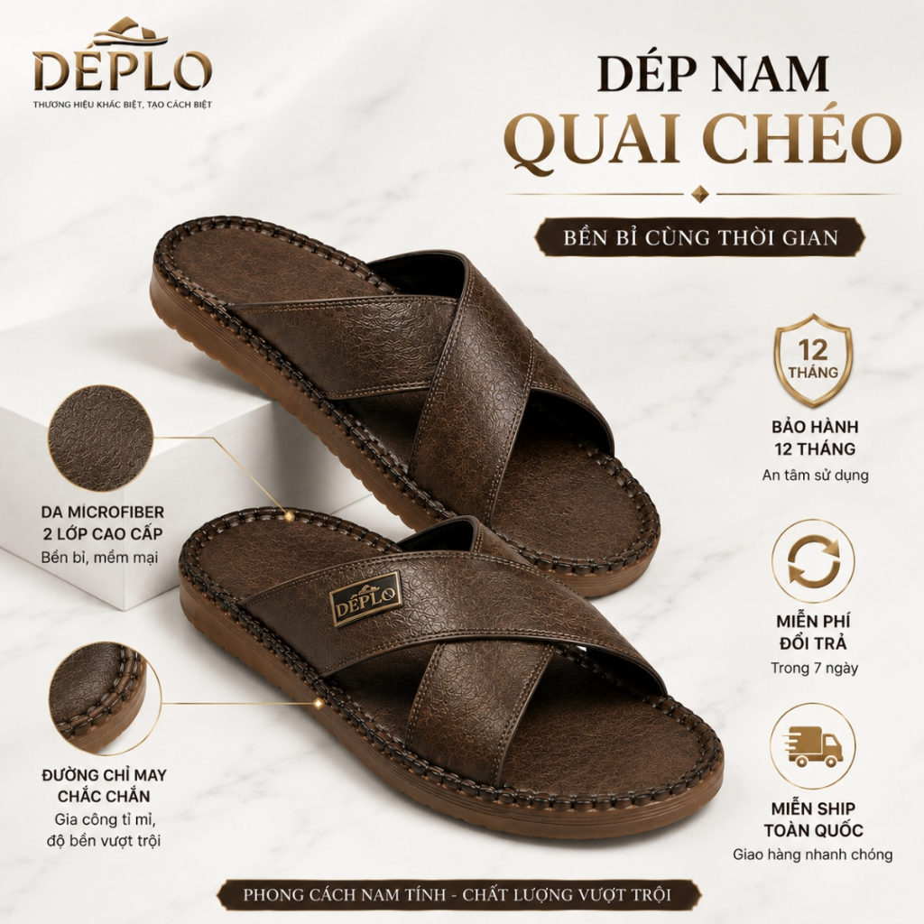 Dép Nam Quai Chéo Da Microfiber 2 Lớp Cao Cấp, Kháng Nước Tốt, Đế Khâu Siêu Bền - Bảo Hành 12 Tháng