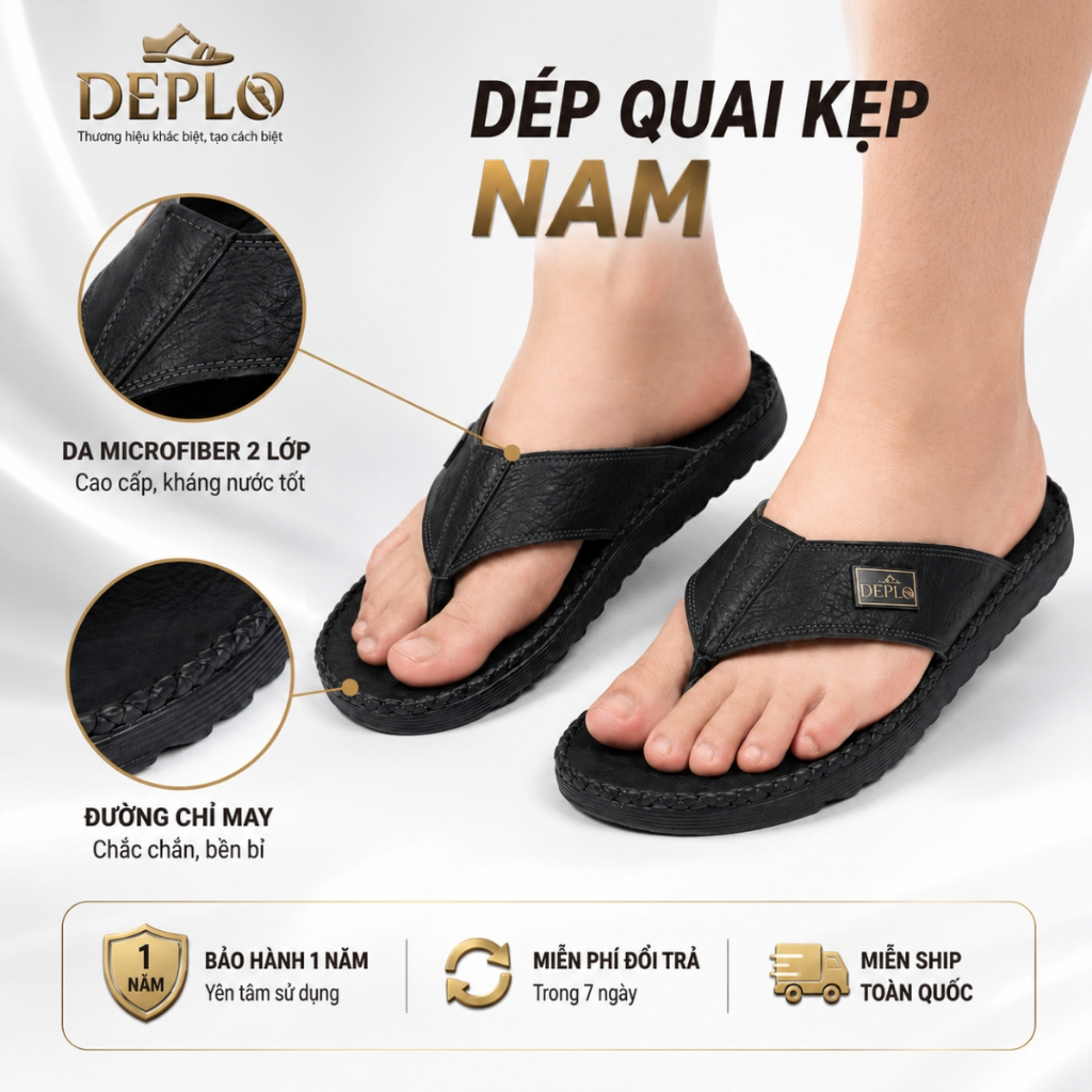 Dép Quai Kẹp Nam Da Microfiber 2 Lớp Cao Cấp Siêu Bền, Da Kháng Nước Tốt - Bảo Hành 12 Tháng