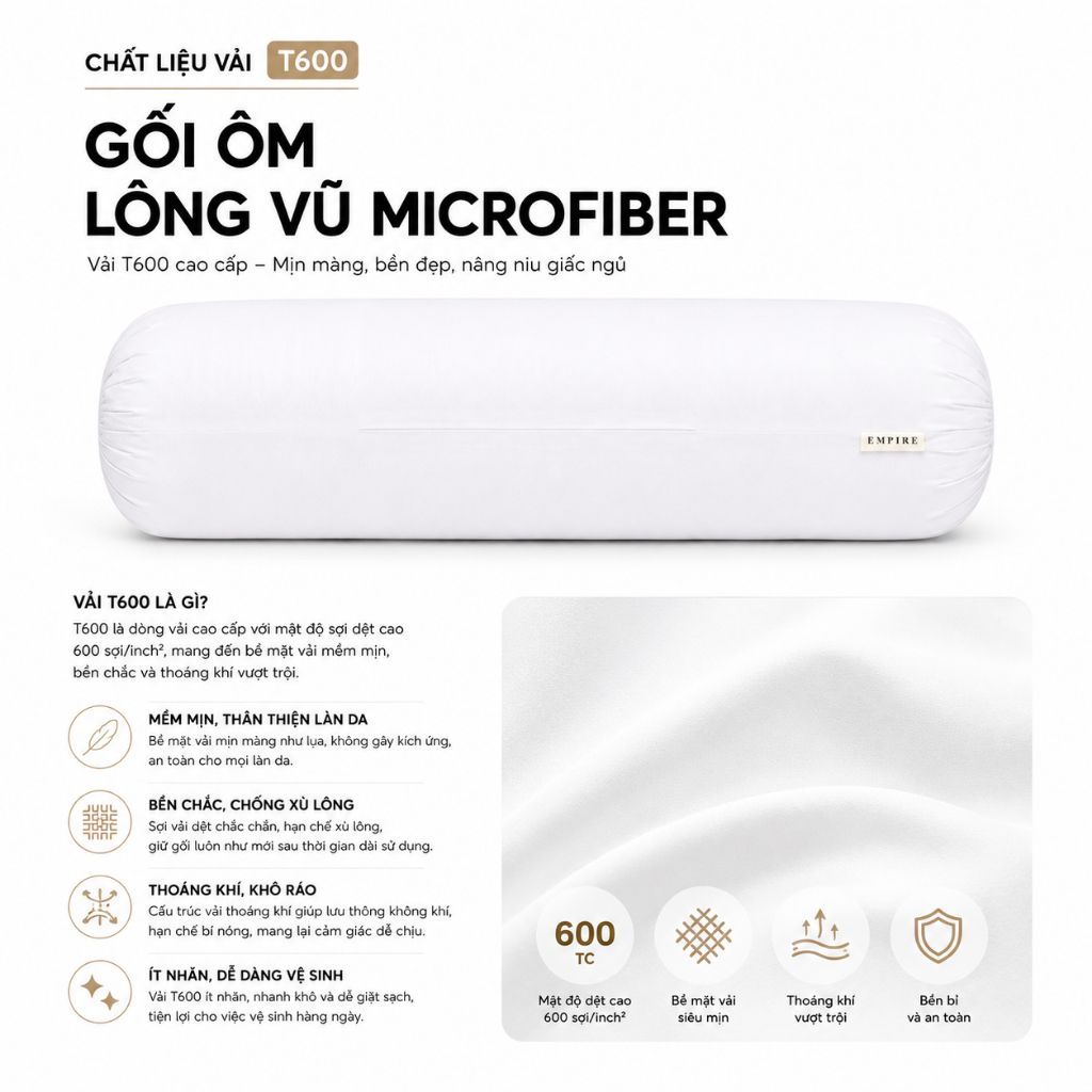 Ruột gối ôm gòn lông vũ microfiber EMPIRE cao cấp vỏ bọc cotton T600 - EMPIRE | Bedding & Decor