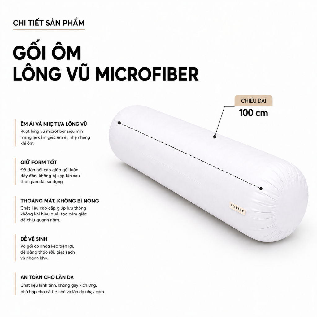 Ruột gối ôm gòn lông vũ microfiber EMPIRE cao cấp vỏ bọc cotton T600 - EMPIRE | Bedding & Decor