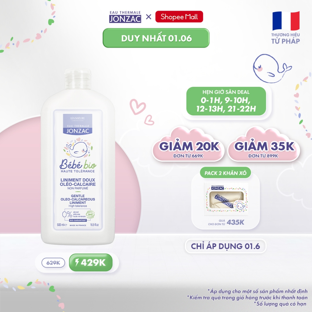 Dung dịch vệ sinh chống hăm tã hữu cơ JONZAC - Giữ ẩm làm mềm nuôi dưỡng làn da bé (500Ml-1L)