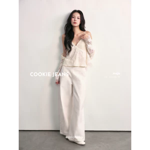 SEO STUDIO - Quần jeans trắng ống rộng cạp cao - Cookie Jeans