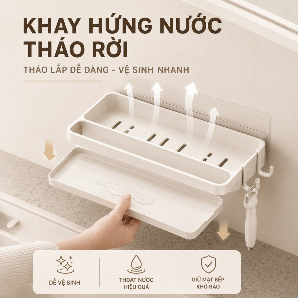 Kệ Đựng Đồ Rửa Chén Cao Cấp Dán Tường, Khay Đựng Miếng Rửa Bát Kèm Khay Hứng Nước Và Vắt Khăn Lau