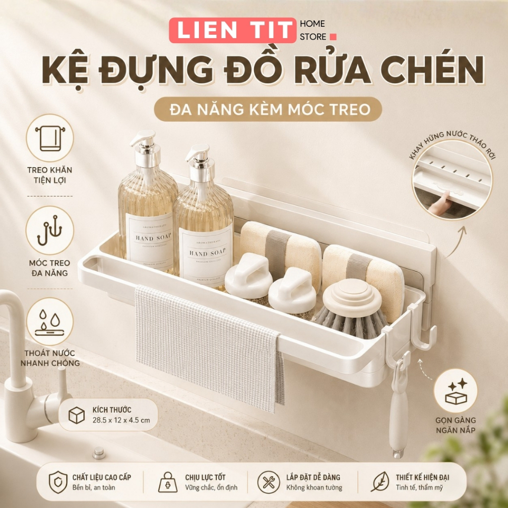 Kệ Đựng Đồ Rửa Chén Cao Cấp Dán Tường, Khay Đựng Miếng Rửa Bát Kèm Khay Hứng Nước Và Vắt Khăn Lau
