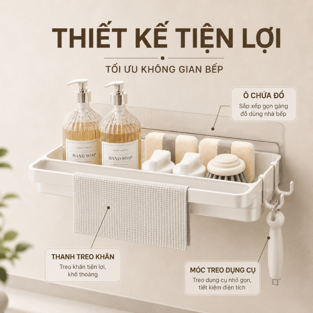 Kệ Đựng Đồ Rửa Chén Cao Cấp Dán Tường, Khay Đựng Miếng Rửa Bát Kèm Khay Hứng Nước Và Vắt Khăn Lau