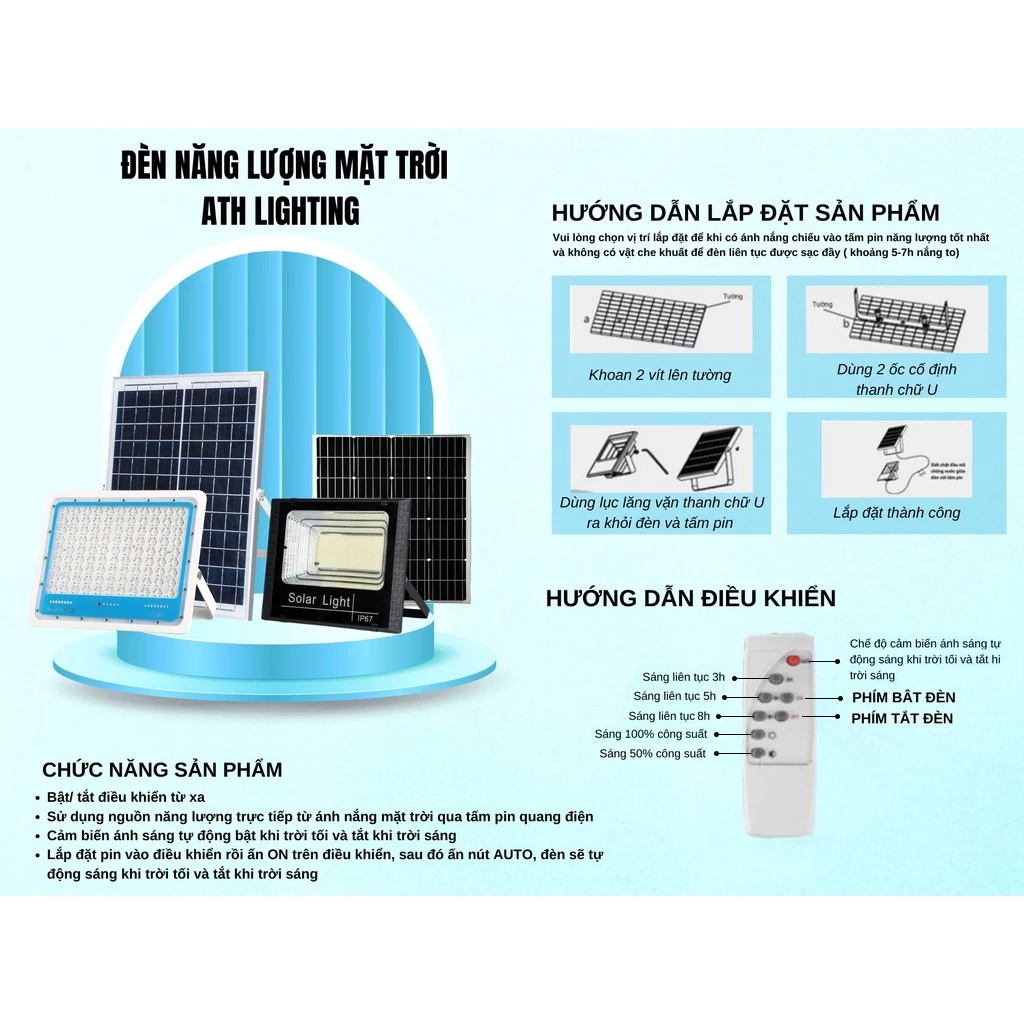 Đèn năng lượng mặt trời ngoài trời chuẩn IP67 chống nước dùng làm đèn đường kèm điều khiển từ xa COD