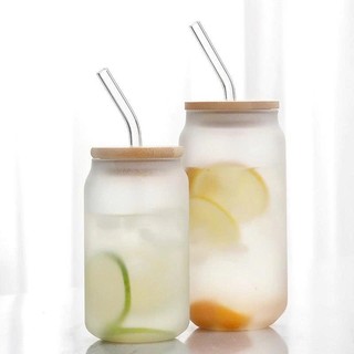Cốc Thủy Tinh Nắp Tre, Dung Tích 500ml Trong Suất, Chịu Nhiệt Tốt, Ống Hút Thủy Tinh, Tặng Cọ Vệ Sinh Ống Hút