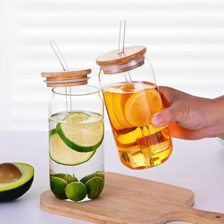 Ly Thủy Tinh Chịu Nhiệt Nắp Tre 500ml Trong Suất, Có Ống Hút Thủy Tinh, Tặng Cọ Vệ Sinh Ống Hút
