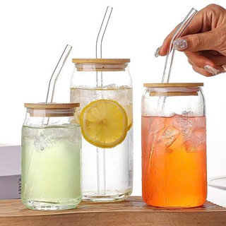 Ly Thủy Tinh Chịu Nhiệt Nắp Tre 500ml Trong Suất, Có Ống Hút Thủy Tinh, Tặng Cọ Vệ Sinh Ống Hút