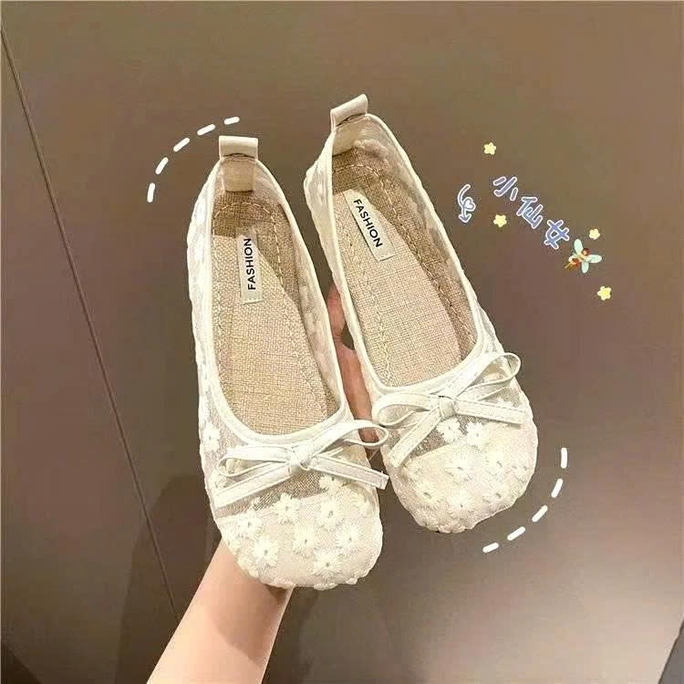 Giày Bệt Ren Hoa Cúc Phối Nơ, Giày Búp Bê Nữ Thoáng Khí Nhẹ Chân Hàng Đẹp N37.