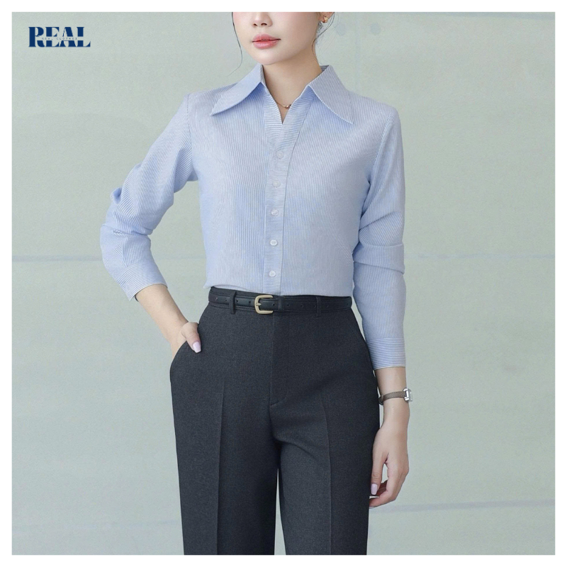 Sơ mi công sở tay dài sọc xanh cổ V REAL CLOTHES (tổng hợp màu), vải cotton xốp thoáng mát
