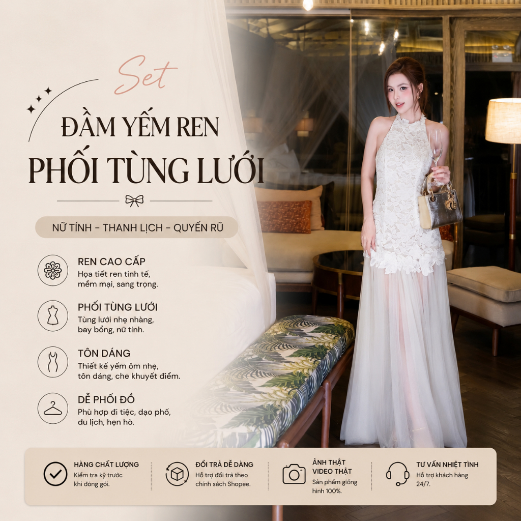 Đầm Yếm Ren Phối Tùng Lưới Dài Sang Trọng Đầm Dự Tiệc Tôn Dáng Phong Cách Tiểu Thư