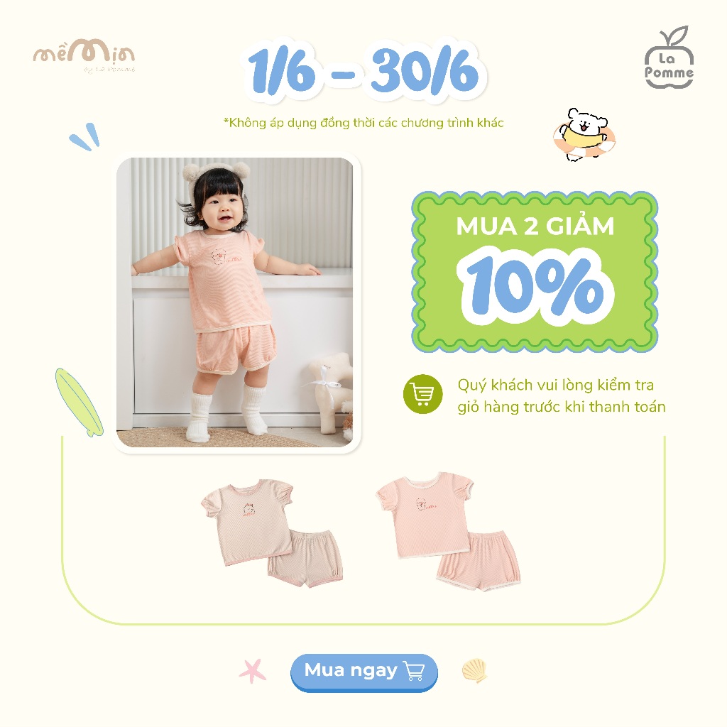 Bộ cộc tay Mềm Mịn by La Pomme kẹo bông ngọt ngào - Sợi Petit Soyeu thoáng mát – Bé gái - 6M - 5Y