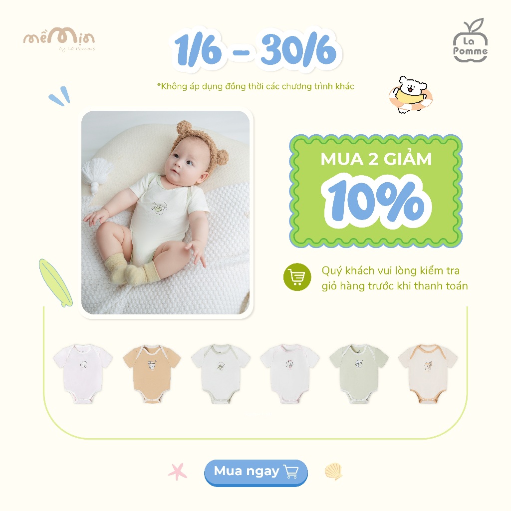 Set 2 Body chip cộc tay Mềm Mịn by La Pomme sắc màu dễ thương - Sợi Petit Soyeu thoáng mát – Bé trai/gái - 0M - 9M