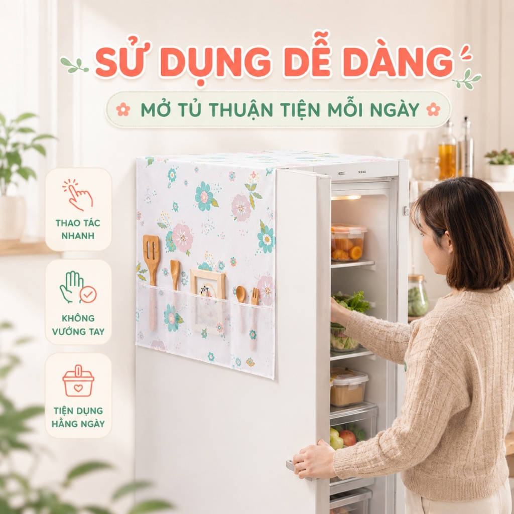Tấm Phủ Tủ Lạnh Có Ngăn Để Đồ PEVA Chống Bụi Chống Thấm, Khăn Phủ Tủ Lạnh Trang Trí Nhà Bếp