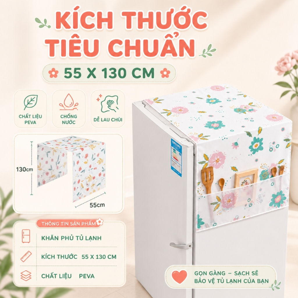 Tấm Phủ Tủ Lạnh Có Ngăn Để Đồ PEVA Chống Bụi Chống Thấm, Khăn Phủ Tủ Lạnh Trang Trí Nhà Bếp