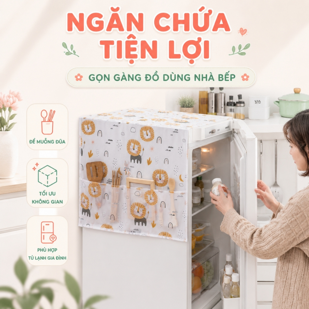 Tấm Phủ Tủ Lạnh Có Ngăn Để Đồ PEVA Chống Bụi Chống Thấm, Khăn Phủ Tủ Lạnh Trang Trí Nhà Bếp