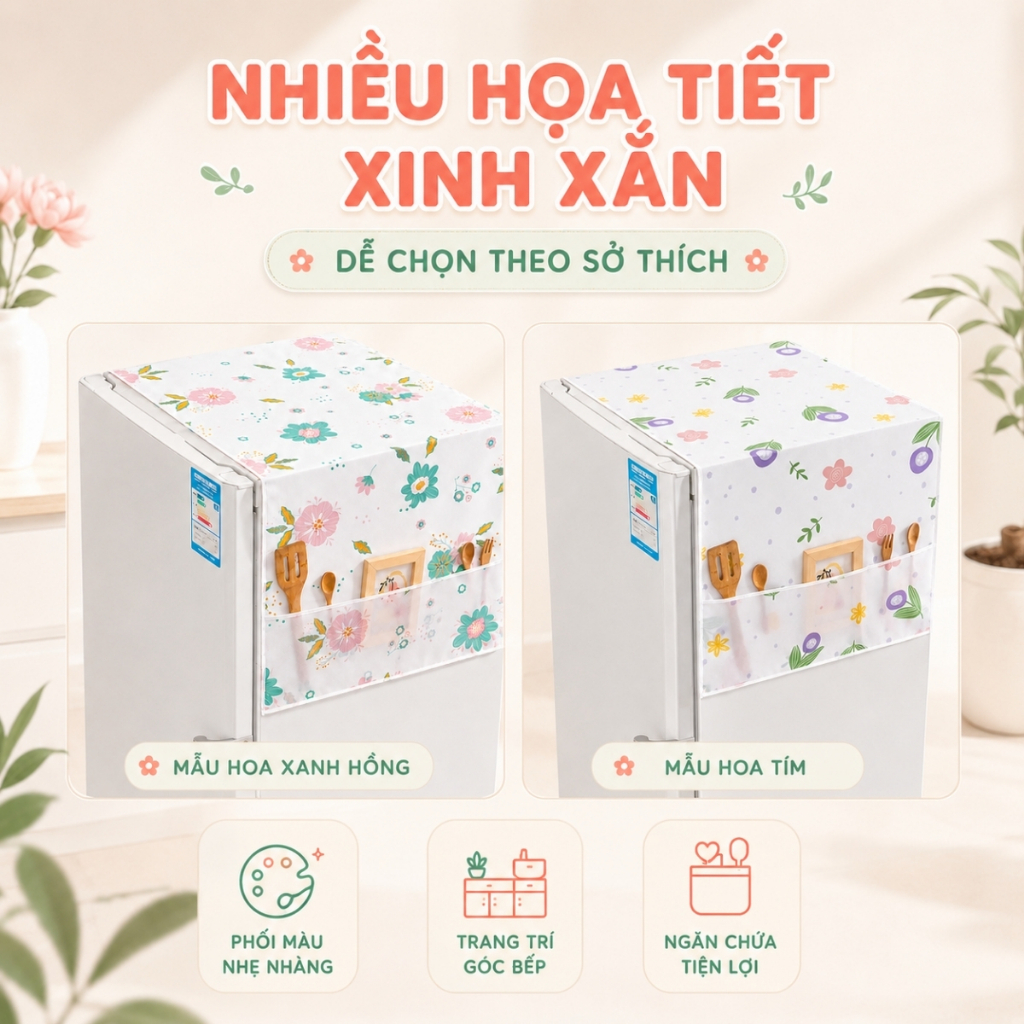 Tấm Phủ Tủ Lạnh Có Ngăn Để Đồ PEVA Chống Bụi Chống Thấm, Khăn Phủ Tủ Lạnh Trang Trí Nhà Bếp