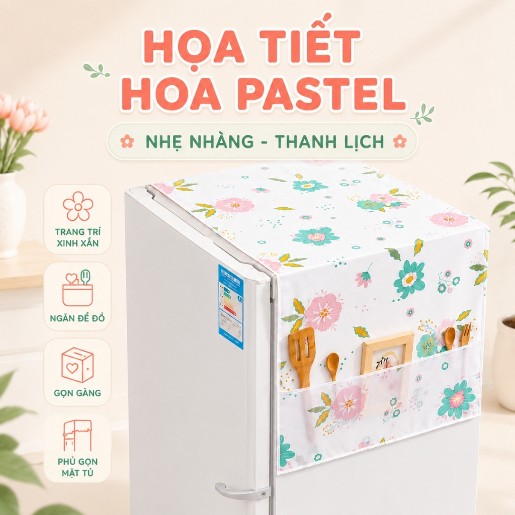 Tấm Phủ Tủ Lạnh Có Ngăn Để Đồ PEVA Chống Bụi Chống Thấm, Khăn Phủ Tủ Lạnh Trang Trí Nhà Bếp