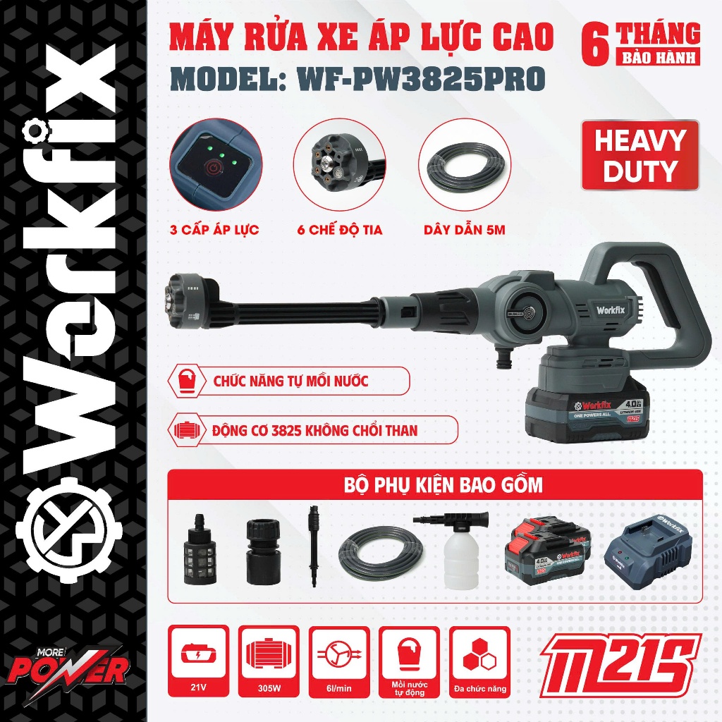 Máy Rửa Xe Không Dây WORKFIX WF-PW3825PRO, Nút Cảm Ứng Chỉnh Tốc Độ - Không Chổi Than