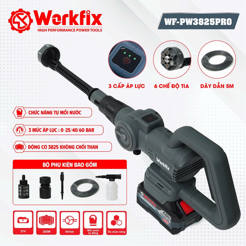 Máy Rửa Xe Không Dây WORKFIX WF-PW3825PRO, Nút Cảm Ứng Chỉnh Tốc Độ - Không Chổi Than