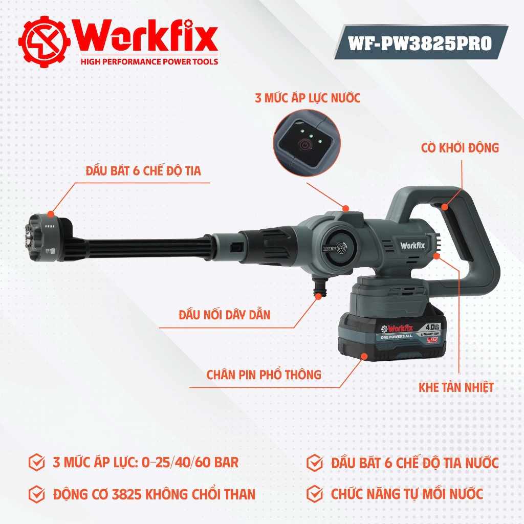 Máy Rửa Xe Không Dây WORKFIX WF-PW3825PRO, Nút Cảm Ứng Chỉnh Tốc Độ - Không Chổi Than