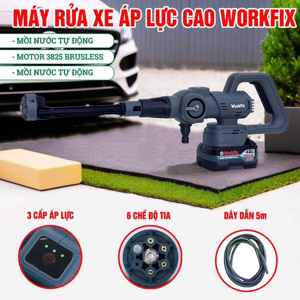 Máy Rửa Xe Không Dây WORKFIX WF-PW3825PRO, Nút Cảm Ứng Chỉnh Tốc Độ - Không Chổi Than