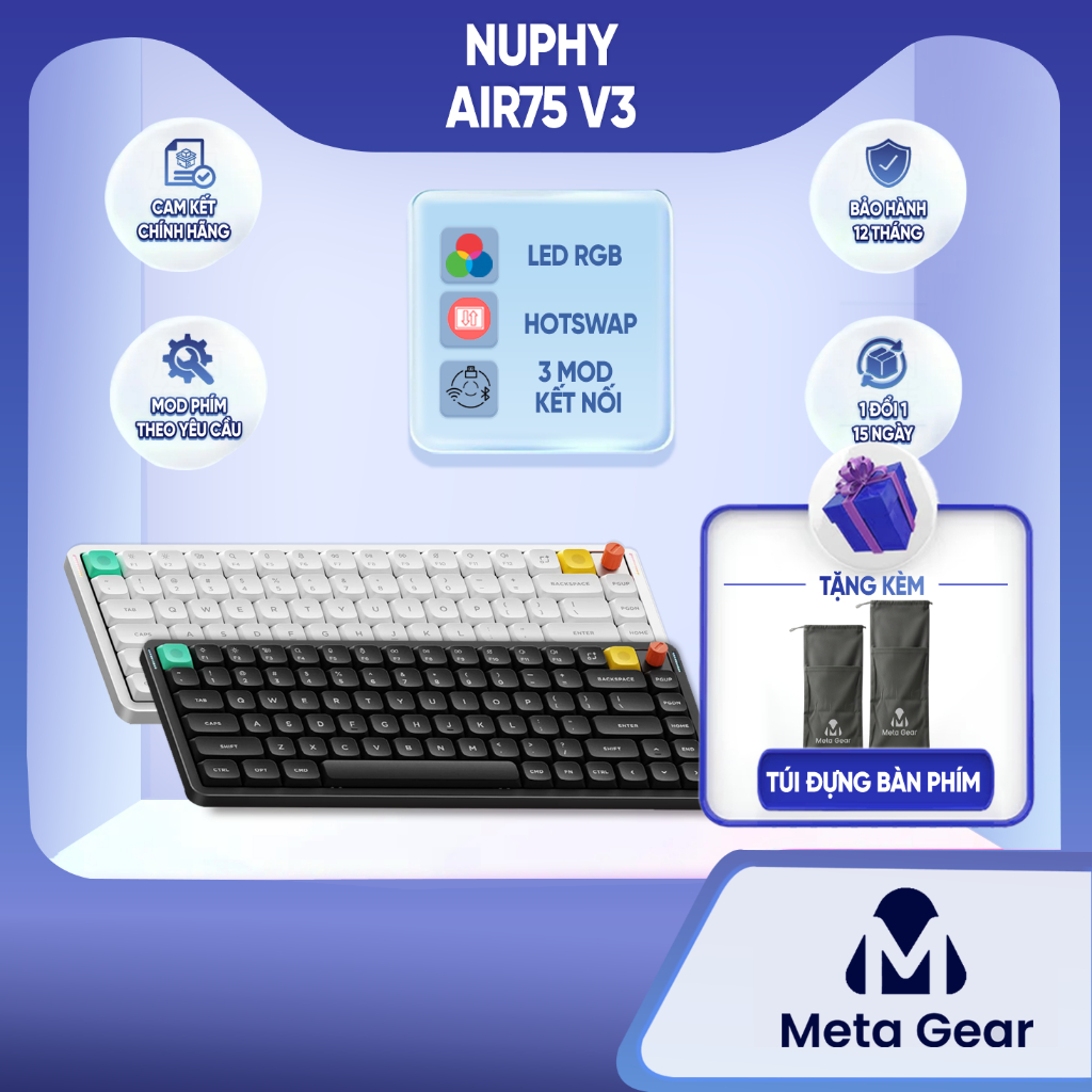 [CHÍNH HÃNG] Bàn phím cơ không dây Nuphy Air75 V3 - Bàn phím bluetooth, Low profile siêu mỏng, 3 mode kết nối, Núm xoay