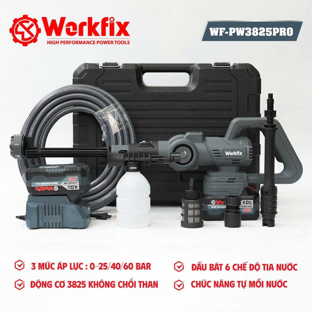 Máy rửa xe dùng pin Workfix WF-PW3825PRO, 3 Mức Chỉnh Tốc Đô, Chân Pin Phổ Thông - Không Chổi Than