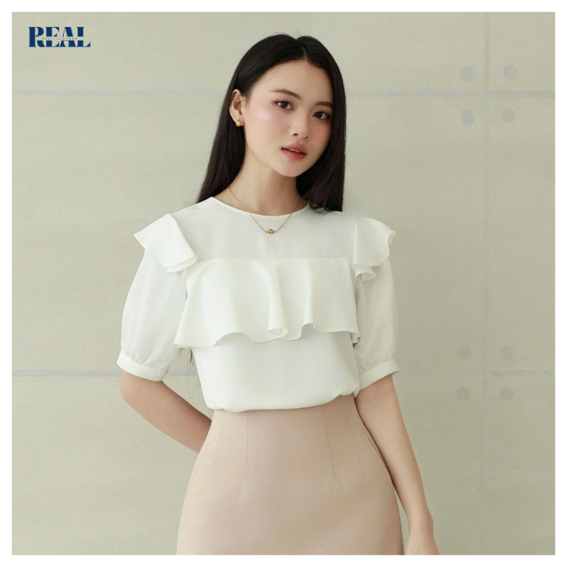 Áo kiểu cổ tròn dáng suông Hailey trắng REAL CLOTHES, ít nhăn, dễ phối đồ