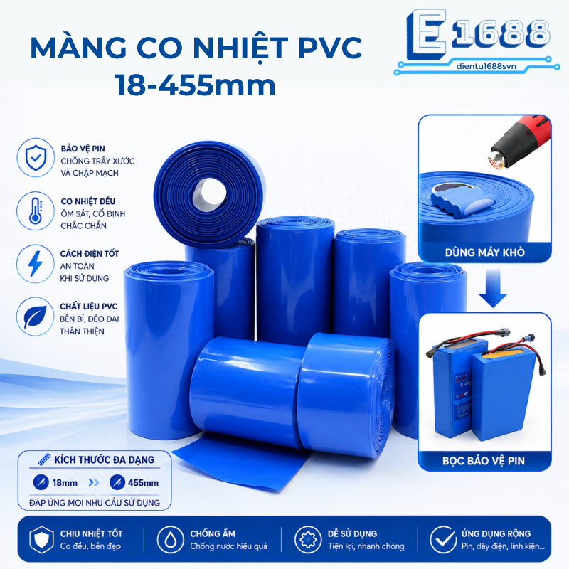 Màng co nhiệt PVC bọc pin từ 18 - 455mm, dày dặn, chất lượng cao