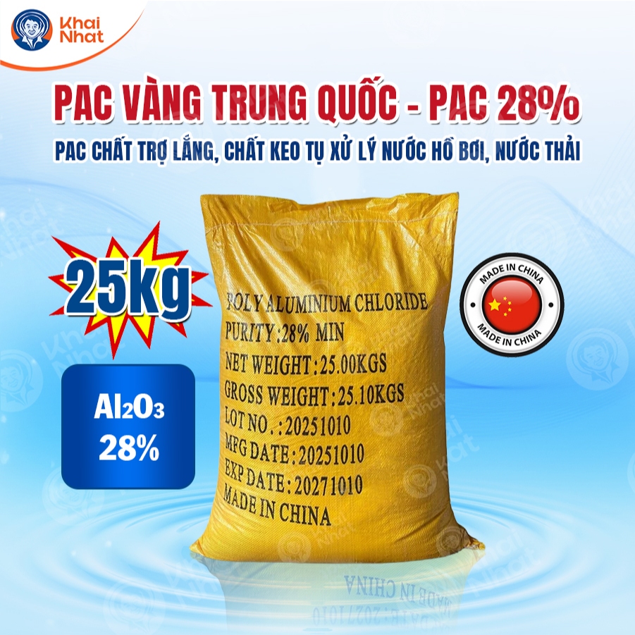 PAC Vàng Trung Quốc - PAC 28% (25kg/bao)-PAC chất trợ lắng, Chất Keo Tụ Xử Lý Nước Hồ Bơi, Nước Thải