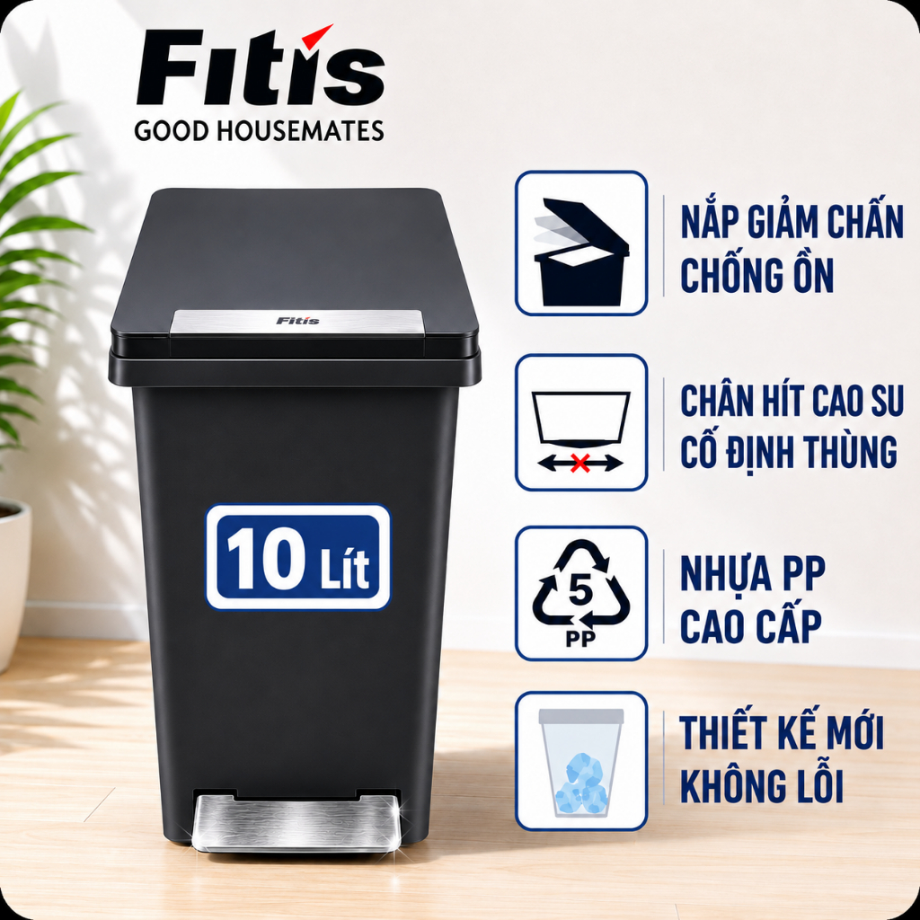 THÙNG RÁC NHỰA ĐẠP FITIS DÒNG COMPACT - 10L (ĐEN XÁM)