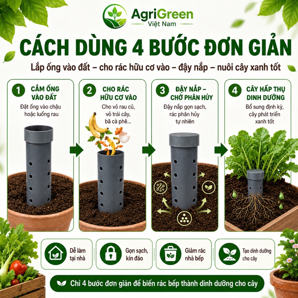Ống Ủ Rác Hữu Cơ,Rác Nhà Bếp Trồng Cây | Phi 90/110/140 Dài 30/40/50cm | Làm Phân Hữu Cơ Tại Nhà | AgriGreeen Việt Nam