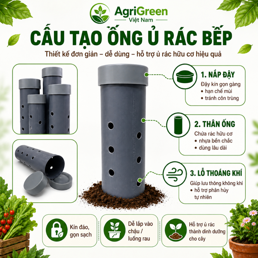 Ống Ủ Rác Hữu Cơ,Rác Nhà Bếp Trồng Cây | Phi 110 Dài 30/40/50cm | Làm Phân Hữu Cơ Tại Nhà | AgriGreeen Việt Nam