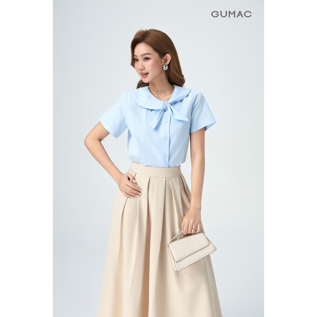 Áo Kiểu Nữ Gmorning - GUMAC Áo Sơ Mi Dáng Lửng Tay Ngắn Chất Kate Cổ Cách Điệu Thắt Nơ YAG04080