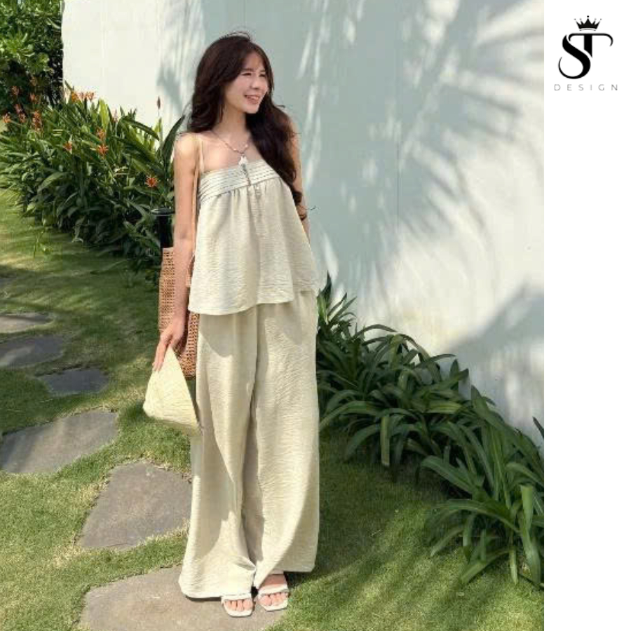Set hai dây đi biển xếp ly ngực chất đũi vân mây giấy - ST Design - k88