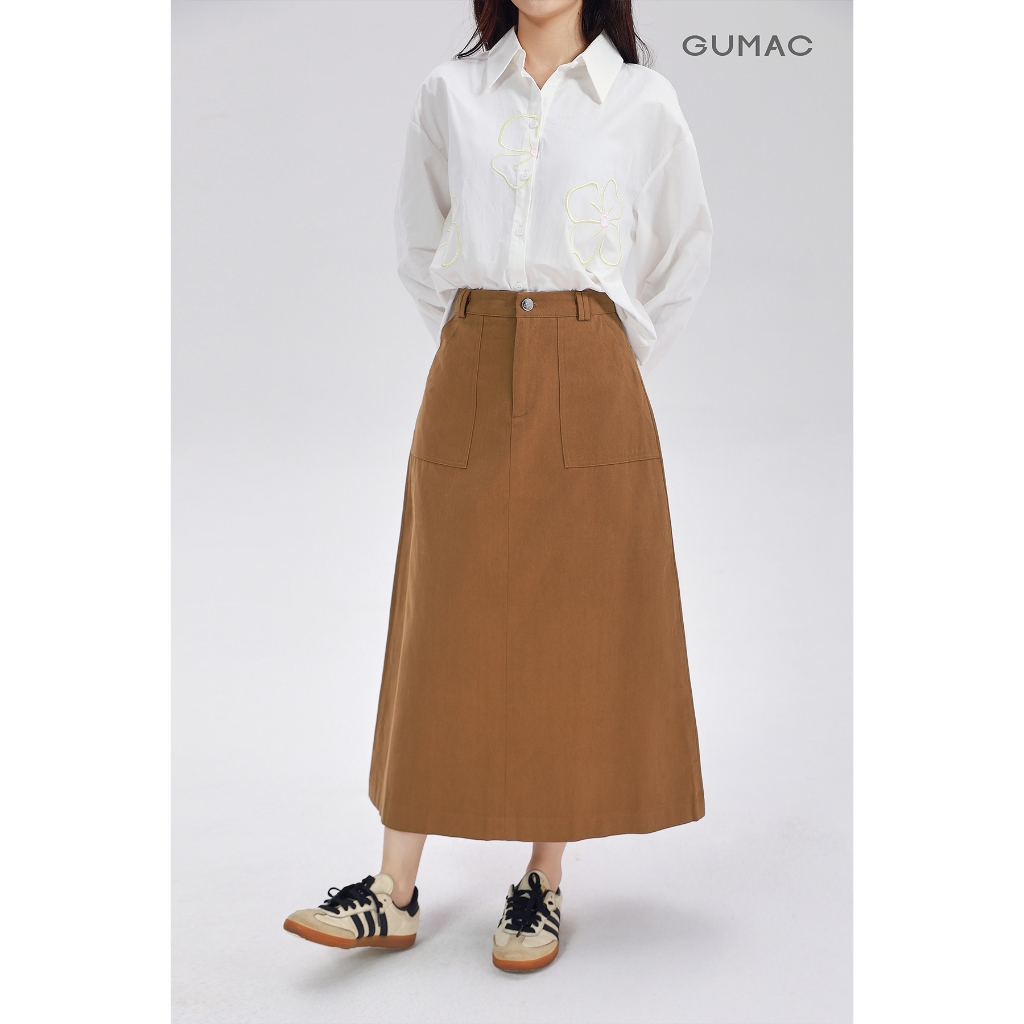 Chân Váy Chữ A Dáng Dài GUMAC - Gmorning Chân Váy Kaki Midi Có Túi Vuông Tôn Dáng Cao Cấp YVF04060