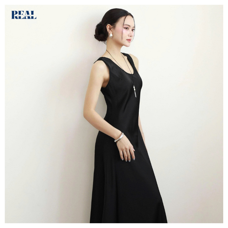 Đầm lụa dáng dài cơ bản không tay silk đen Real Clothes,vải lụa Tô Châu cap cấp, thanh lịch, mềm mát