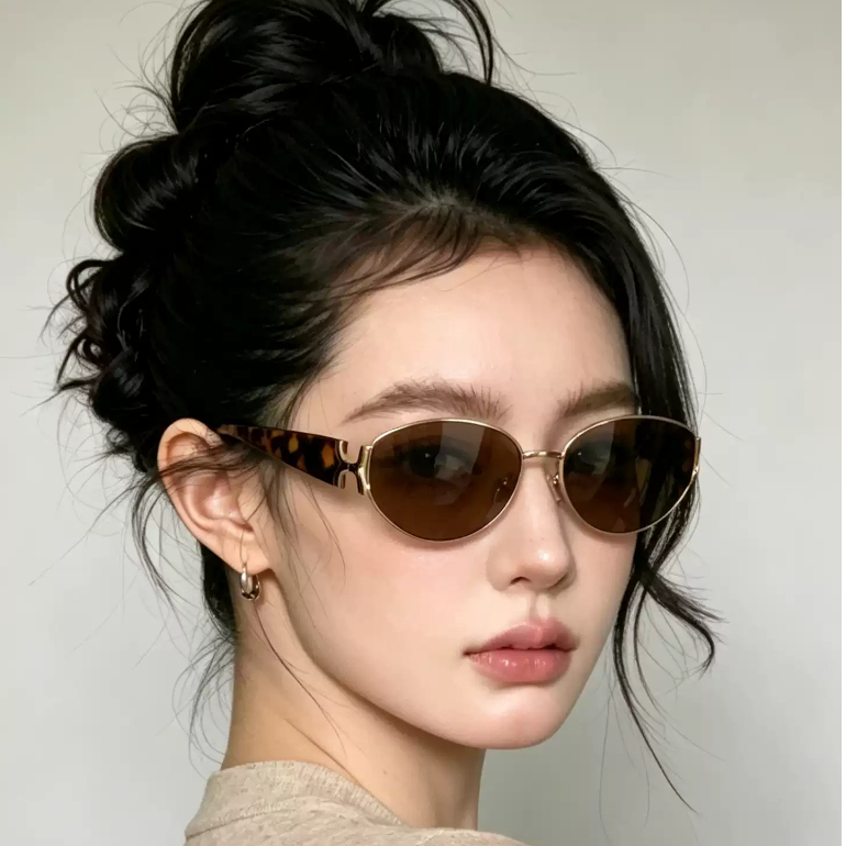 Kính Mắt Thời Trang Nữ INNI Form Oval Retro, Gọng Kim Loại Phối Da Báo, Chống UV Kính Hot Trend 6238