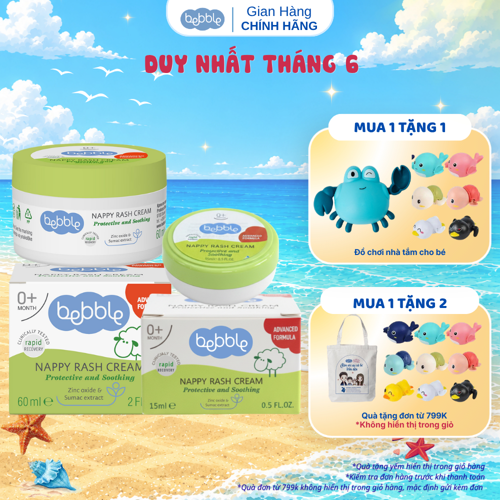 Kem hăm tã Bebble Nappy Rash Cream có 2 size, dịu da tức thì, làm dịu vết côn trùng đốt, dùng cho bé từ 0 tháng tuổi