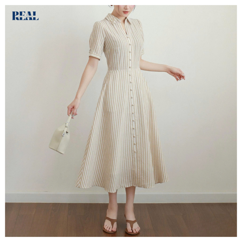 Đầm cổ sơ mi Love sọc Real Clothes (tổng hợp màu), vải linen cao cấp mềm mát