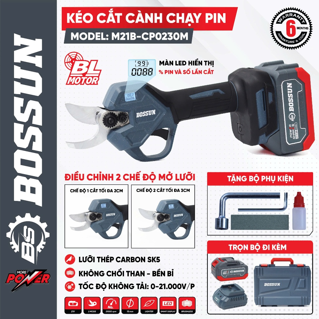 Máy cắt cành dùng pin BS BOSSUN M21B-CP0230M, Lưỡi thép Cacbon SK5, 2 độ mở lưỡi, Chân phổ thông