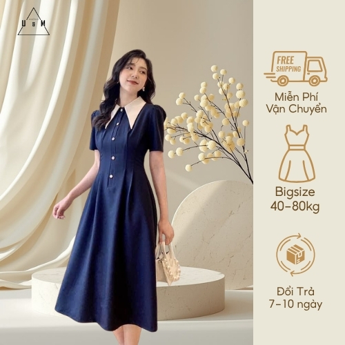 [Xả Hàng] Đầm váy công sở phối cổ vest tay ngắn dáng xòe U&M (V771) phù hợp mặc đi làm, đi dự tiệc