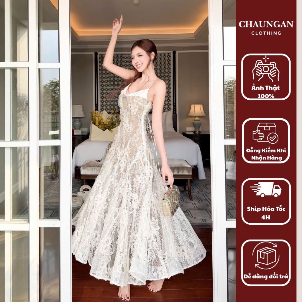 Váy ren maxi hai dây dáng xòe tiểu thư tag rời nơ CHUẨN TRÂN ALI