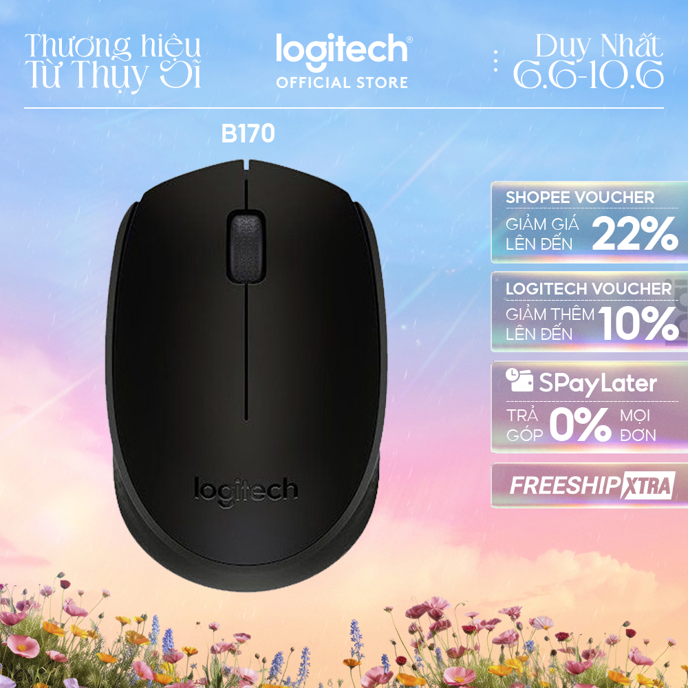 Chuột không dây Logitech B170 - USB, nhỏ gọn, thuận cả 2 tay, phù hợp PC/Laptop