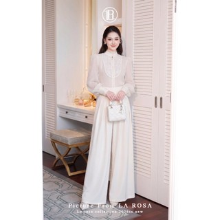 Set Công Sở, Dự Tiệc Sang Trọng LA ROSA Áo Tơ Sơ Mi Tay Dài Bồng Phối Quần Ống Rộng Kèm Đai Hoa S1087