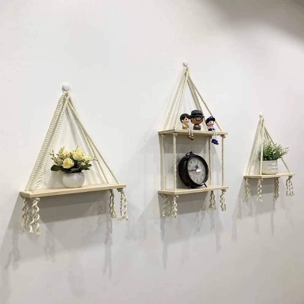 Combo 3 Kệ Gỗ Treo Tường Decor Phòng Ngủ Xuyên Mộc Kệ Gỗ Dây Thừng Trang Trí Phòng Khách Phong Cách Vintage